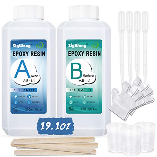 Epoxy Resin Clear Crystal Coating Kit 19.1oz - 2 Part Casting Resin for Art, Craft, Jewelry Making, River Tables, Bonus Gloves, Measuring Cup, wooden sticks and Dropper