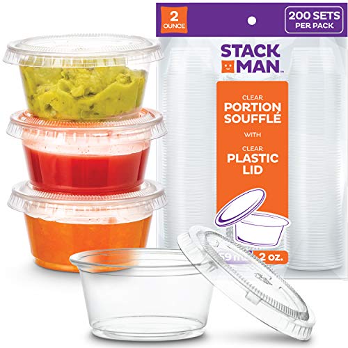 [200 Sets - 2 oz.] Small Plastic Containers with Lids, Jello Shot Cups, Condiment Cups, 2oz Dipping Sauce & Salad Dressing Container, Disposable Mini Plastic Portion Souffle Cups Ramekins, Pudding Cup