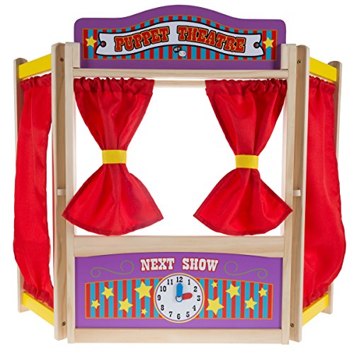 Hey! Play! Wooden Tabletop Puppet Theater with Curtains, Blackboard, and Clock- Inspires Imagination and Creativity for Kids, Boys and Girls, Multicolor (80-HCH212)