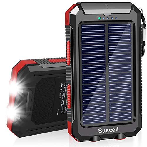 Solar Charger, SUSCELL 20000mAh Portable Solar Power Bank for Cell Phone, Dual 5V/2.1A USB Ports Output and 2 Led Flashlight, Perfect for Outdoor Trip/Emergency