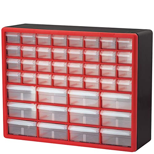 Akro-Mils 44 Drawer 10144REDBLK, Plastic Parts Storage Hardware and Craft Cabinet, (20-Inch W x 6-Inch D x 16-Inch H), Red & Black, (1-Pack)