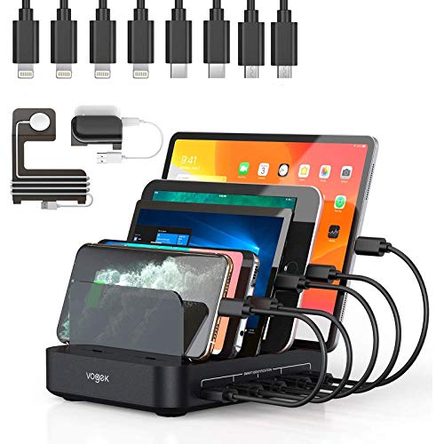 Charging Station, Vogek 50W 10A 5-Port USB Charging Station for Multiple Device with 8 Short Mixed Cables Watch & Airpod Stand Included for Cell Phones, Smart Phones, Tablets, iWatch, Airpods -Black