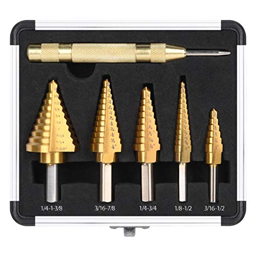 HYCLAT 5 pcs Titanium Step Drill Bits Set & Automatic Center Punch - High-Speed Metal Steel Drill Double Side, Hss Cobalt Multiple Hole 50 Sizes with Aluminum Case