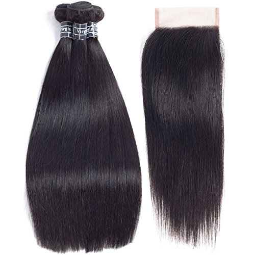 Amella Hair Brazilian Straight Hair 3 Bundles with Closure (14” 16” 18” with 12”, Natural Color)8A Virgin Unprocessed Human Hair Bundles with Closure Brazilian Hair with Closure Free Part