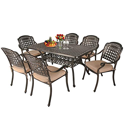 TITIMO 7-Piece Outdoor Furniture Dining Set, All-Weather Cast Aluminum Conversation Set Includes 1 Rectangular Table and 6 Chairs with Khaki Cushions and Umbrella Hole for Patio Garden Deck