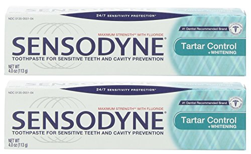 Sensodyne Toothpaste for Sensitive Teeth and Cavity Prevention, Maximum Strength, Tartar Control Plus Whitening, 4-Ounce Tubes (Pack of 2)