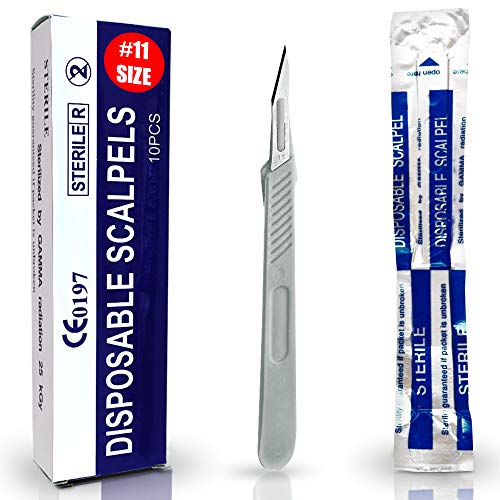 MYMED Disposable Scalpels no. 11, Sharp Dermaplaning Blades with Plastic Handle, Surgical Scalpel Blades High Carbon Steel, Individually Foil Wrapped, Sterile, Pack of 10