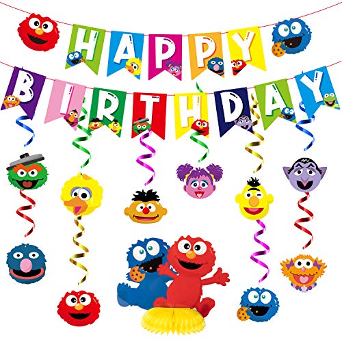 PANTIDE Sesame Birthday Party Decorations Kit - Sesame Happy Birthday Banner Bunting, Hanging Swirls Streamers, Elmo Cookie Monster Honeycomb Centerpiece Table Topper, Elmo Party Supplies for Kids