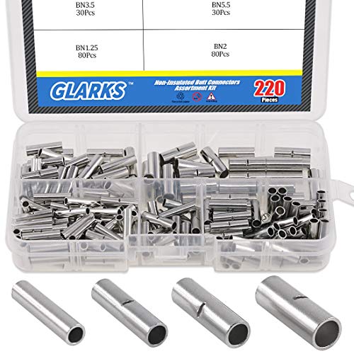 Glarks 220Pcs Non-Insulated Butt Connectors Assortment Kit, 22-16/16-14/14-12/12-10 AWG Gauge Seamless Uninsulated Electrical Wire Ferrule Cable Crimp Terminal Kit for Electrical Splice DIY