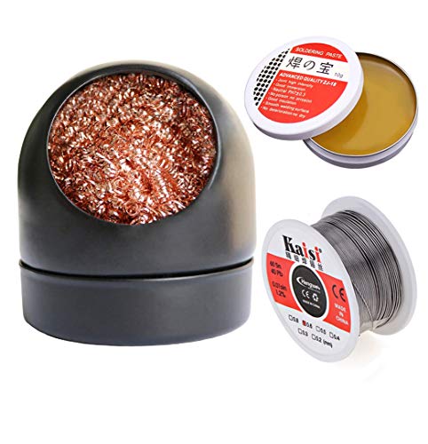 Soldering Iron Tip Cleaner + 60/40 Solder Wire Reel Fine 0.6mm Tin Lead Rosin Core (1.76oz/50g) + Soldering Rosin Flux Paste Gel (0.35oz/10g）for Electronics Metalworking Welding (Black)