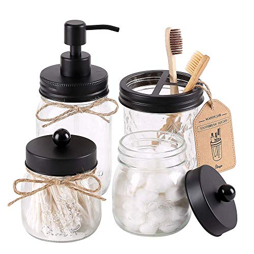 Elwiya Mason Jar Bathroom Accessories Set - Includes Mason Jar Hand Soap Dispenser & Qtip Holder Set - Rustic Farmhouse Decor Apothecary Jars Bathroom Countertop and Vanity Organizer