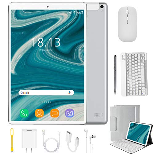 2 in 1 Tablets 10 Inch Android 9.0 with Keyboard Mouse, 4GB RAM+64GB ROM/128GB Upgrade Tablets, Dual SIM 4G, Quad Core, 13MP Dual Camera, 8000mAh, WiFi, GPS, Bluetooth, Google Store Phones (Silver)