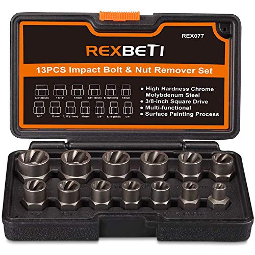 REXBETI Impact Bolt & Nut Remover Set, 13 Pieces Bolt Extractor Tool Set with Solid Storage Case