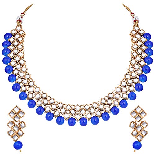 Aheli Wedding Wear Indian Kundan Maang Tikka Earrings Necklace Set Bollywood Ethnic Traditional Jewelry for Women (Royal Blue)