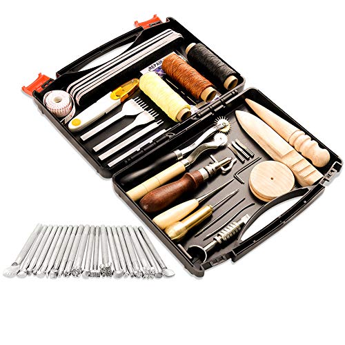 50 Pieces Leather Working Tools and Supplies with Leather Tool Box Prong Punch Edge Beveler Wax Ropes Needles Perfect for Stitching Punching Cutting Sewing Leather Craft Making