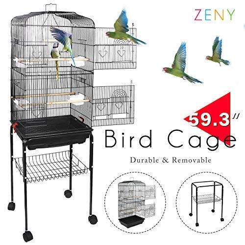 ZENY 59.3'' Bird Cage with Rolling Stand Wrought Iron Pet Bird Cage Parrot Cockatiel Cockatoo Parakeet Finches Birdcage Medium Pet House