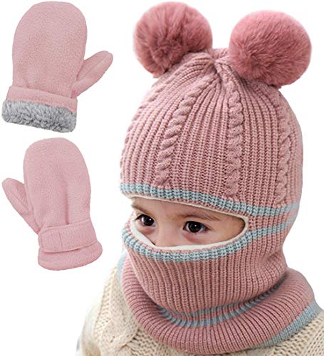 T WILKER Baby Boys Girls Winter Hats Mitten Set Balaclava for Toddlers Earflap Hood Scarve Beanie Skull Cap Thermal Fleece Windproof Gloves for Kids (Pink)