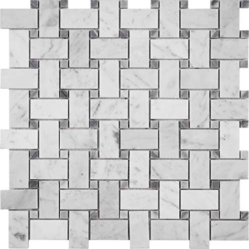 5 Sheets Carrara White Marble Mosaic Tile, CWMM1WEA+BG-H, Chip Size 1'X2' Basketweave with Bardiglio Grey Dot, 12'X12'X3/8', Honed (Box of 5 Sheets)