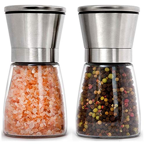 Home EC Stainless Steel Salt and Pepper Grinders refillable Set - Short Glass Shakers with Adjustable Coarseness for sea salt, black peppercorn, or spices - Salt and Pepper Mill set w/Funnel & Ebook