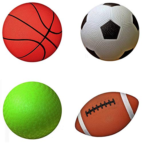 AppleRound Pack of 4 Sports Balls with 1 Pump: 1 Each of 5' Soccer Ball, 5' Basketball, 5' Playground Ball, and 6.5' Football (1-Pack, 4 Balls 1 Pump)