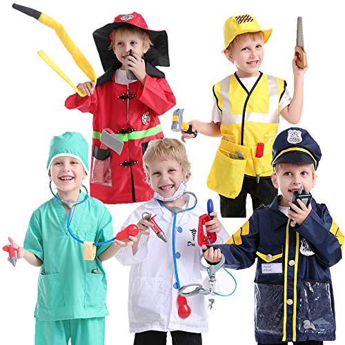 TopTie 5 Sets Role Play Costume for Kids Policeman Fire Chief Engineer with Accessories