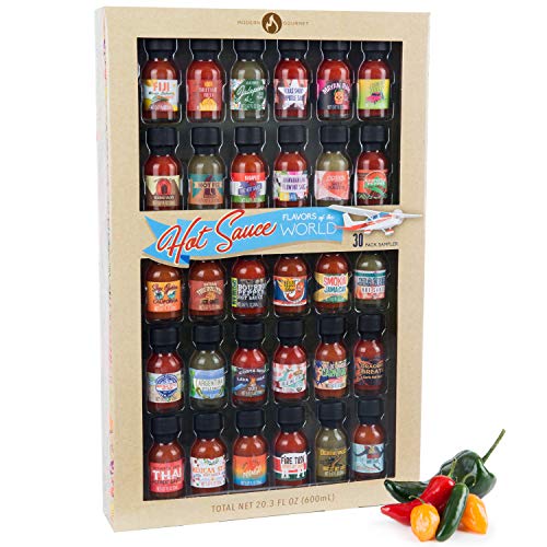 Thoughtfully Gifts, Flavors of the World Hot Sauce Sampler Gift Set, Inspired by International Hot Sauce Flavors, Set of 30