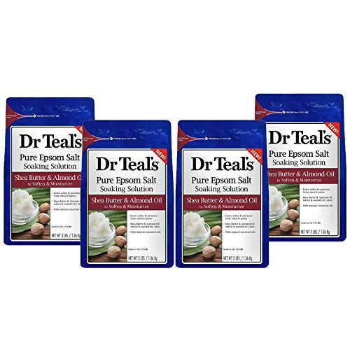 Dr. Teal's Epsom Salt Shea Butter Almond Oil Bath Soaking Solution with Essential Oils - Pack of 4, 3 lb Resealable Bags - Soften and Moisturize Your Skin, Relieve Stress and Sore Muscles