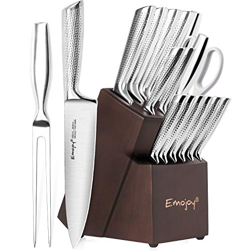 Knife Set, Emojoy 16-PCS Kitchen Knife Set with Carving Fork, Ripple Stainless Steel Hollow Handle for Chef Knife Set with Wooden Block, Perfect Cutlery Set