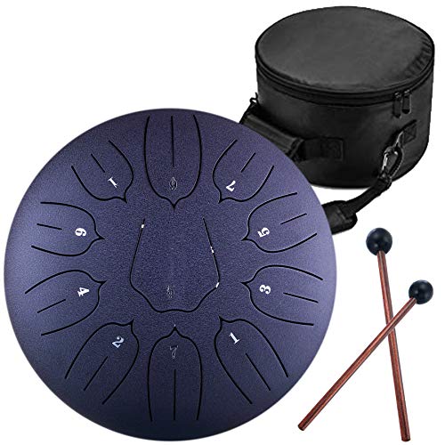 Steel Tongue Drum - 11 Notes 12 inches - Percussion Instrument -Handpan Drum with Bag, Music Book, Mallets, Finger Picks