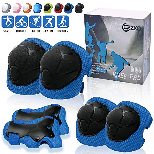 CrzKo Kids Protective Gear, Knee Pads and Elbow Pads 6 in 1 Set with Wrist Guard and Adjustable Strap for Rollerblading Skateboard Cycling Skating Bike Scooter