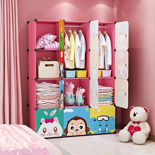 MAGINELS Children Wardrobe Kid Dresser Cute Baby Portable Closet Bedroom Armoire Clothes Hanging Storage Rack Cube Organizer Large Pink 8 Cube & 2 Hanging Section