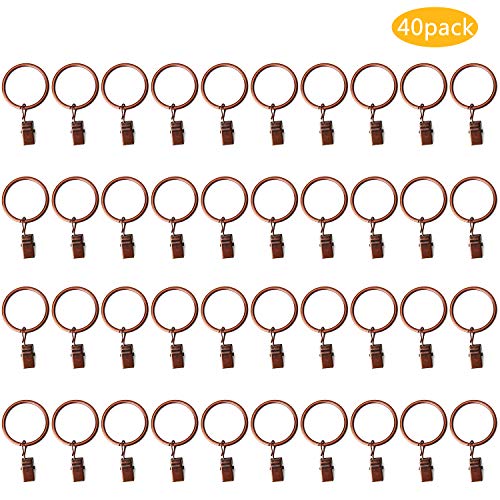 40 Pack Metal Curtain Rings with Clips Copper Decorative Drapery Rustproof Vintage 1.26 Inch Interior Diameter