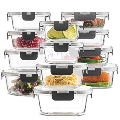 24-Piece Superior Glass Food Storage Containers Set - Newly Innovated Hinged BPA-free Locking lids - 100% Leak Proof Glass Meal Prep Containers, Great on-the-go & Freezer to Oven Safe Food Containers