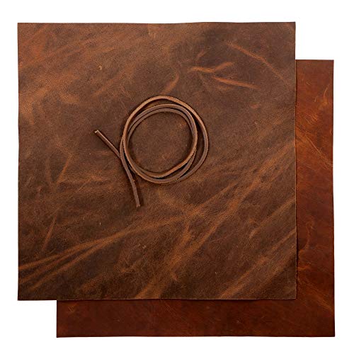 Real Leather Fabric Leather Sheets for Leather Earrings, Leather Wallet & Crafts – Genuine Full Grain Buffalo Leather, Not Faux Leather Sheets – Dark & Russet Brown (2 Sheets + Leather Cord)