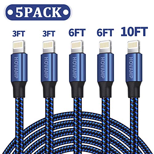 HOVAMP MFi Certified 5Pack[3-3-6-6-10 ft] Nylon Braided Cell-Phone Charging Cable USB Fast Charging & Syncing Long Cord,iPhone Charger Compatible iPhone XS/Max/XR/X/8/8P/7/7P/6/iPad/iPod