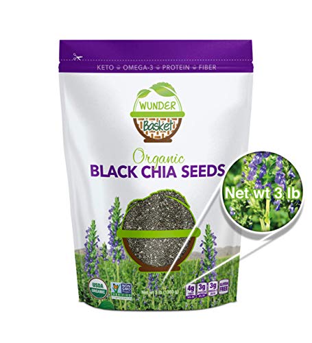 Wunder Basket Organic Chia Seeds, 3 LB Bag, Natural Raw Black Chia Seed Packed with Omega 3, Fiber, Protein, Vitamins, Minerals & Antioxidants, USDA Certified, Non-Gmo, Gluten-Free, Vegan, Keto-Friendly