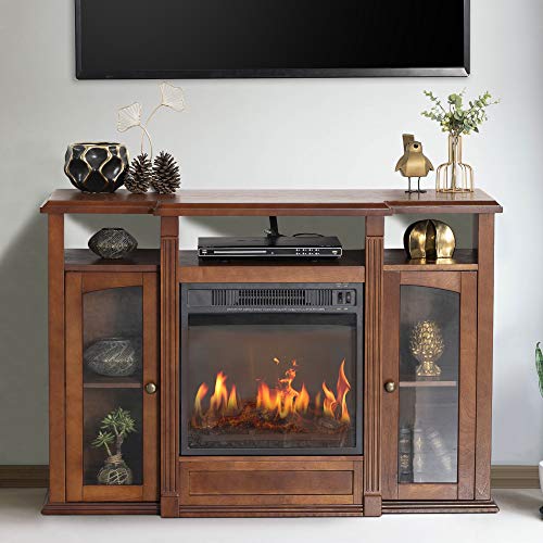 GOOD & GRACIOUS Electric Fireplace TV Stand, Fit up to 50' Flat Screen TV with Two Cabinet and Three Open Shelves Entertainment Center for Living Room, Espresso