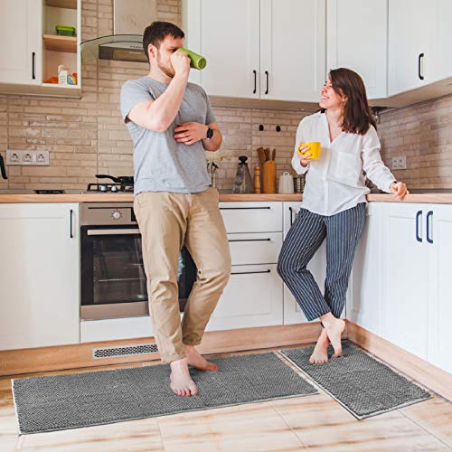 Delxo Kitchen Rug Sets,2 Piece Non-Slip Soft Super Absorbent Kitchen Mat Doormat Carpet Set,Chenille Microfiber Material, 17'x48' +17'x24' (Grey)