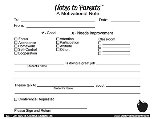 SHAPES ETC. 4.25” x 5.5” Motivational - Notes to Parents, 50 Two-Part Carbon-Less Forms in a Pack for Notes Home, Student Progress Reports, Teacher Reports, Communication to Parents, Learning Aid