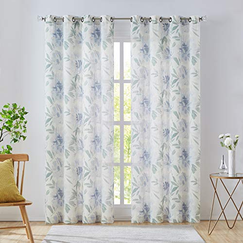 West Lake Floral Curtain Panels Semi-Sheer Linen Rayon Blend No See Through Traditional Flower Pattern Grommet Window Treatment Set for Bedroom, Living Room, White and Blue, 52''x95'', 2 pcs