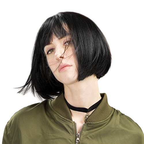 REECHO 11' Short Bob Wig with bangs Synthetic Hair for White Black Women Color: Black