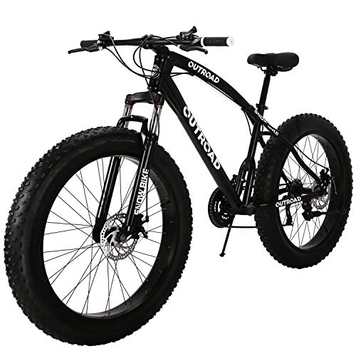 Outroad Mountain Bike 21 Speed Anti-Slip Bike 26 inch Fat Tire Sand Bike Double Disc Brake Suspension Fork Suspension, Black