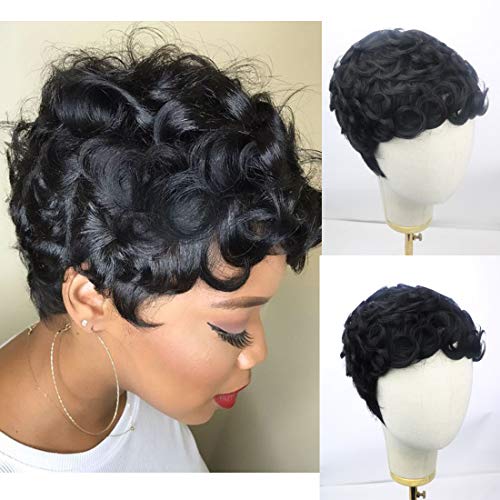 MowigLux Short Wigs for Black Women Slight Layered Wavy Pixie wigs Cute Short Curly Human Hair Wigs