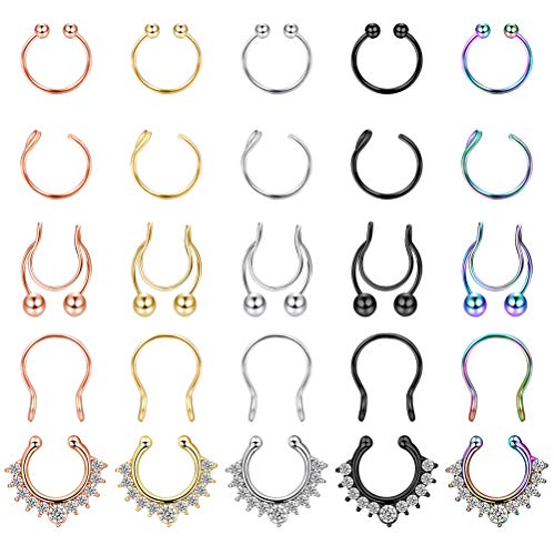 sailimue 25 Pcs Fake Septum Nose Hoop Rings Stainless Steel Nose Ring Set Faux Lip Ear Nose Piercing Fake Septum Piercing Hoop Nose Rings for Women Men Faux Body Piercing Jewelry