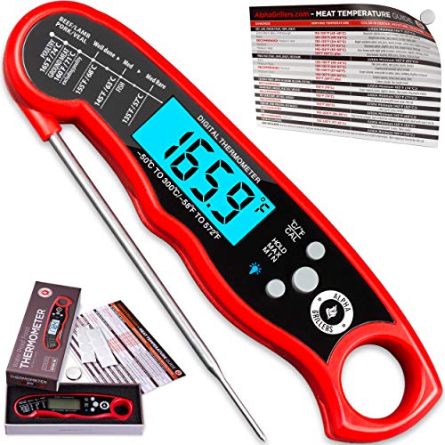 Alpha Grillers Instant Read Meat Thermometer for Grill and Cooking. Best Waterproof Ultra Fast Thermometer with Backlight & Calibration. Digital Food Probe for Kitchen, Outdoor Grilling and BBQ!
