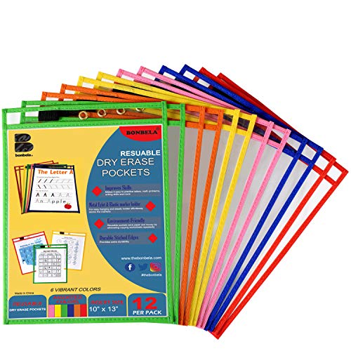 Dry Erase Pockets 12 Pack - Dry Erase Sleeves - Reusable Sheet Protectors - School or Work - Oversized 10 x 13 Inches - Dry Erase Sheets - Job Ticket Holders