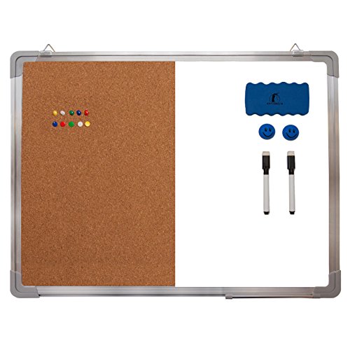 Combination Whiteboard Bulletin Board Set - 24 x 18' Dry Erase/Cork Board with 1 Magnetic Dry Eraser, 2 Markers, 2 Magnets and 10 Thumb Tacks - Small Combo Tack White Board for Home Office Desk