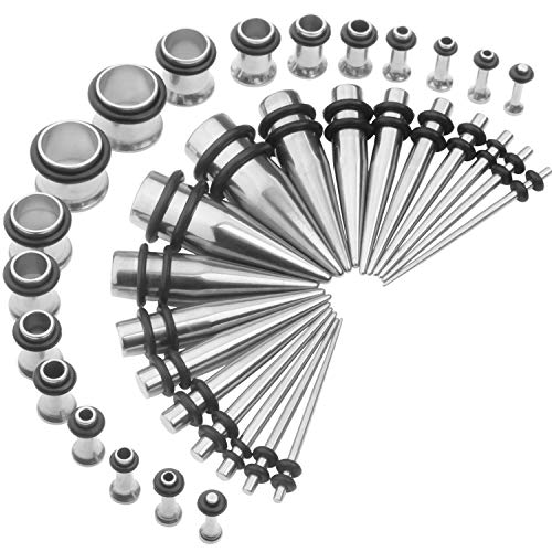 14G-00G 36pcs Ear Gauges Stretching Kit Surgical Steel Tapers Tunnels Plugs Piercing Set Body Jewelry, Silver Tone