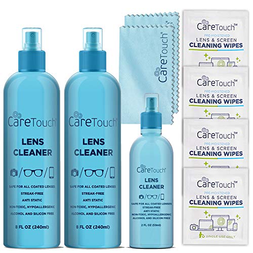 Care Touch Alcohol-Free Lens Cleaner Kit - (2) 8 oz Spray Bottles, (1) 2 oz Travel Spray Bottle, (6) Individually-Wrapped Wipes, (2) Microfiber Cloths | Safe for Coated Lenses, Eyeglasses, Screens