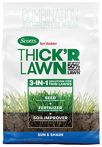 Scotts Turf Builder Thick'R Lawn Sun and Shade, 12 lb. - 3-in-1 Solution for Thin Lawns - Combination Seed, Fertilizer and Soil Improver for a Thicker, Greener Lawn - Covers 1,200 sq. ft.